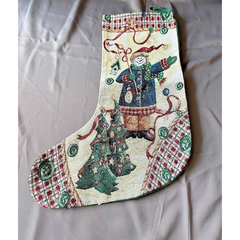 VTG Tapestry Embroidered Snowman Christmas Holiday Stocking Cottage Granny Core